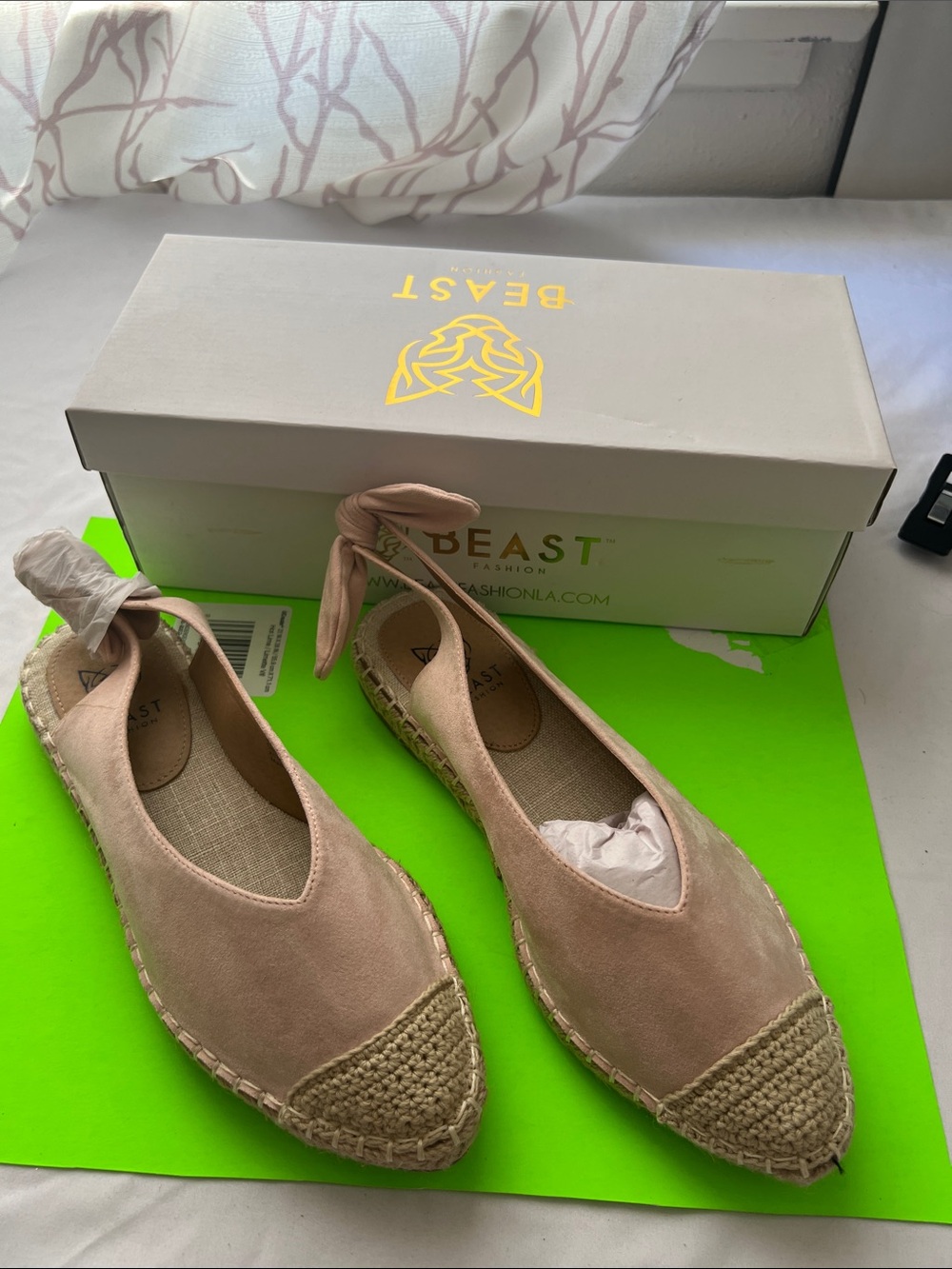BEAST FASHION Blush Pink Suede Espadrille Flats with Ankle Tie
